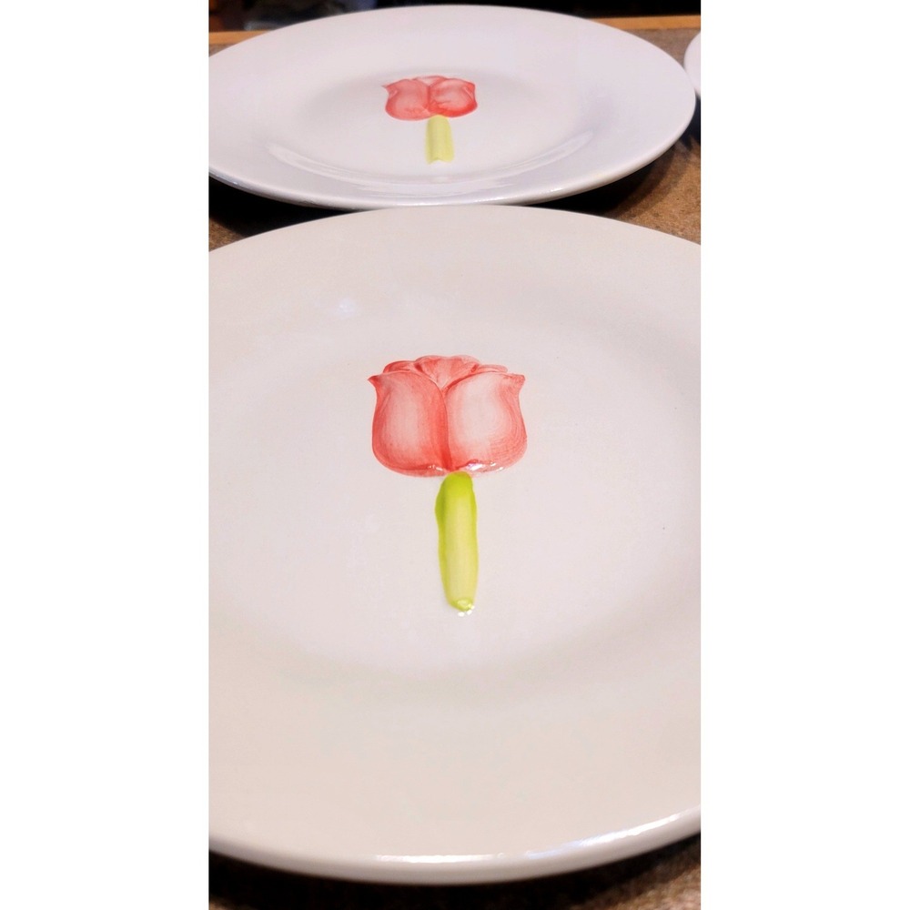 Set 4 Pier One Pink Tulip Floral Ceramic Salad Dessert Plates White 8 inch